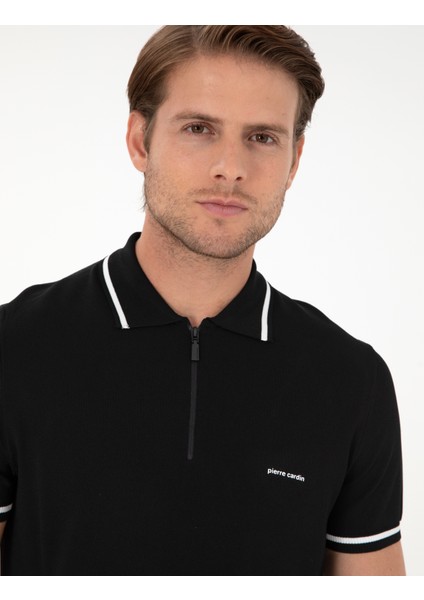Erkek Siyah Slim Fit Fermuarlı Polo Yaka Yün Karışımlı Triko Tişört 50296436-VR046