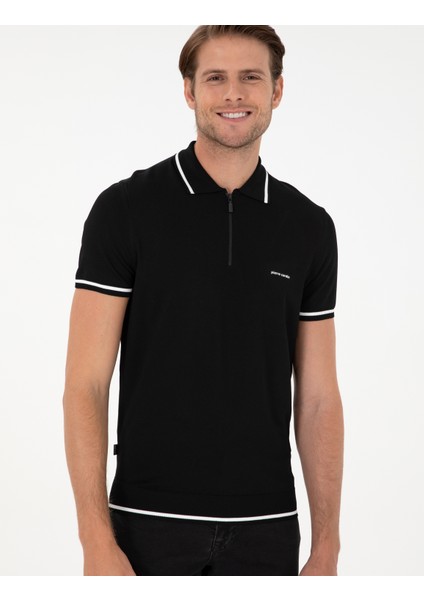 Erkek Siyah Slim Fit Fermuarlı Polo Yaka Yün Karışımlı Triko Tişört 50296436-VR046