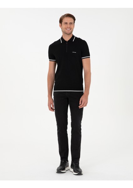 Erkek Siyah Slim Fit Fermuarlı Polo Yaka Yün Karışımlı Triko Tişört 50296436-VR046