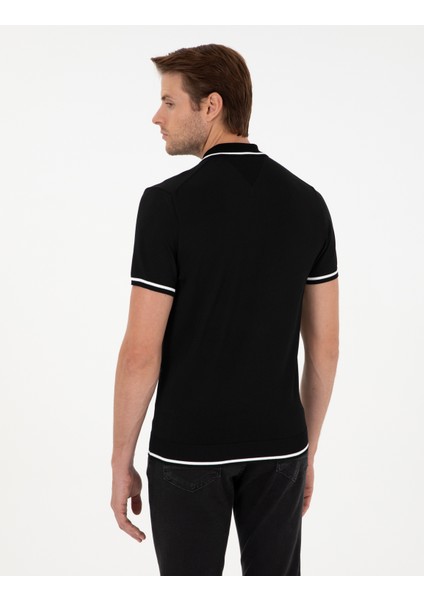 Erkek Siyah Slim Fit Fermuarlı Polo Yaka Yün Karışımlı Triko Tişört 50296436-VR046