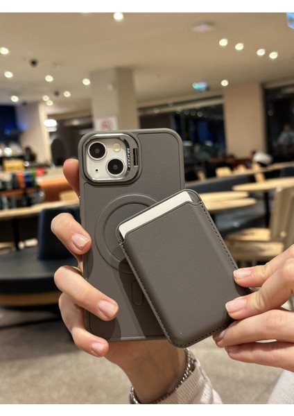 Apple iPhone 14 Uyumlu Premium Titanyum Gri Deri Magsafe Cüzdanlı Kartlıklı Kamera Çerçeve Standlı Kılıf