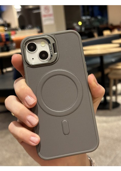 Apple iPhone 14 Uyumlu Premium Titanyum Gri Deri Magsafe Cüzdanlı Kartlıklı Kamera Çerçeve Standlı Kılıf