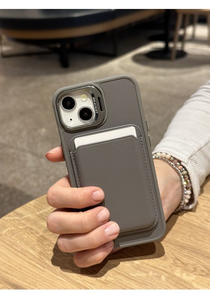 Apple iPhone 13 Uyumlu Premium Titanyum Gri Deri Magsafe Cüzdanlı Kartlıklı Kamera Çerçeve Standlı Kılıf