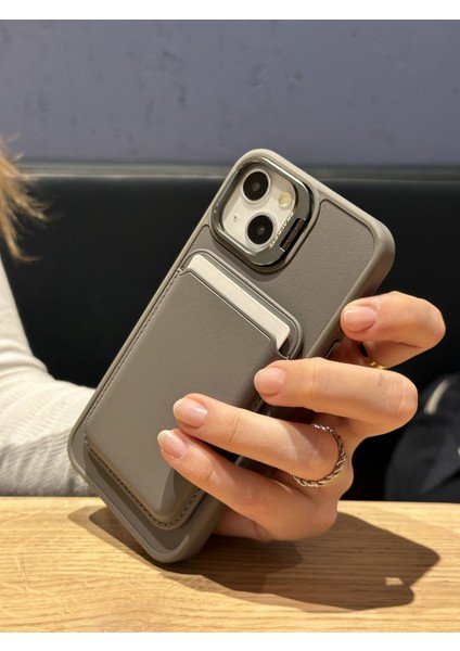 Apple iPhone 15 Uyumlu Premium Titanyum Gri Deri Magsafe Cüzdanlı Kartlıklı Kamera Çerçeve Standlı Kılıf