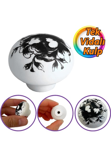 Siyah Gül Desenli Beyaz Polimer Düğme Kulp Mantar Mobilya Mutfak Dolabı Çekmece Kulpları