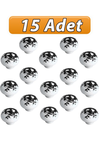 15 Adet Siyah Gül Desenli Beyaz Polimer Düğme Kulp Mantar Mobilya Mutfak Dolabı Çekmece Kulpları