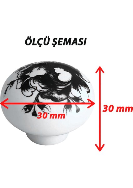 15 Adet Siyah Gül Desenli Beyaz Polimer Düğme Kulp Mantar Mobilya Mutfak Dolabı Çekmece Kulpları