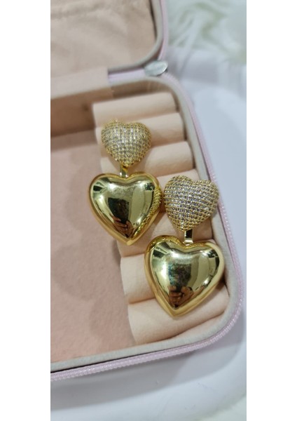 Çift Kalpli Taşlı Gold Küpe
