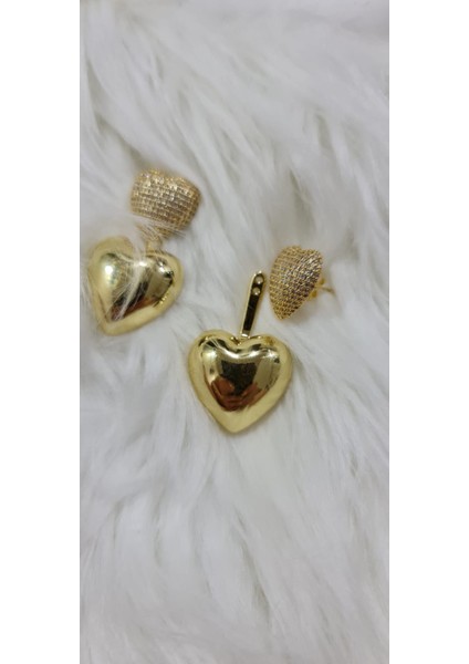 Çift Kalpli Taşlı Gold Küpe