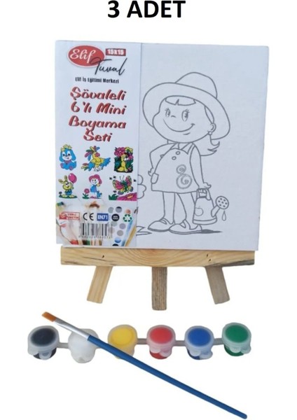Şövaleli 6'lı Mini Boyama Tuval 15 x 15 cm Seti 6 Renk Akrilik Boya ve Fırça Seti 3 Adet Set