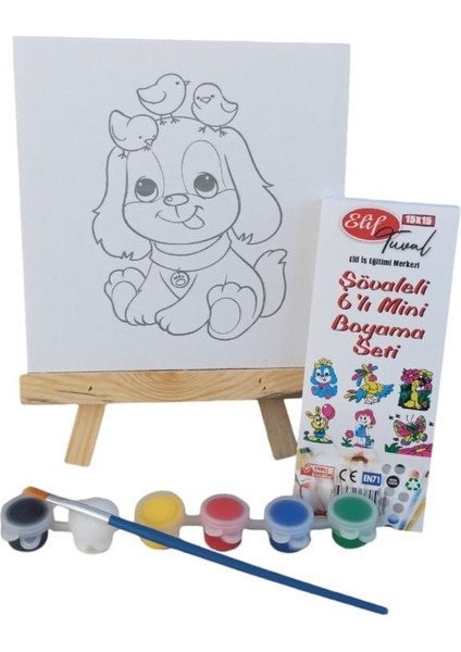Şövaleli 6'lı Mini Boyama Tuval 15 x 15 cm Seti 6 Renk Akrilik Boya ve Fırça Seti 3 Adet Set