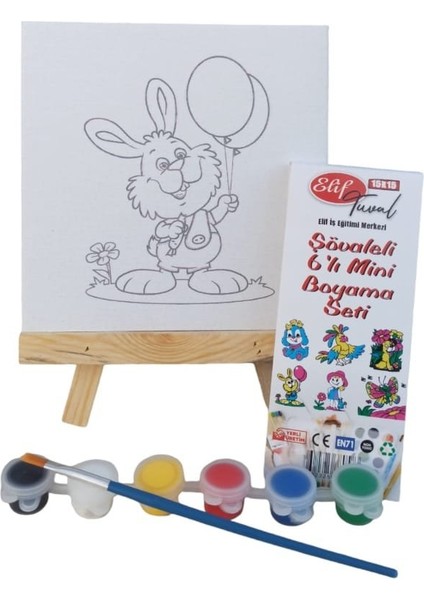 Şövaleli 6'lı Mini Boyama Tuval 15 x 15 cm Seti 6 Renk Akrilik Boya ve Fırça Seti 3 Adet Set