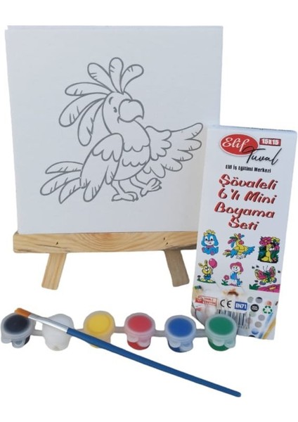 Şövaleli 6'lı Mini Boyama Tuval 15 x 15 cm Seti 6 Renk Akrilik Boya ve Fırça Seti 3 Adet Set
