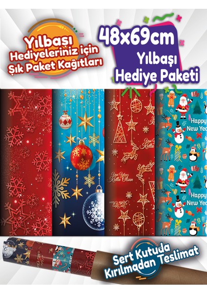 Yılbaşı Hediye Paket Kağıdı 48X69CM Büyük Ebat 4 Çeşit 2'şer Adet Toplam 8 Tane