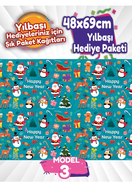 Yılbaşı Hediye Paket Kağıdı 48X69CM Büyük Ebat 4 Çeşit 2'şer Adet Toplam 8 Tane