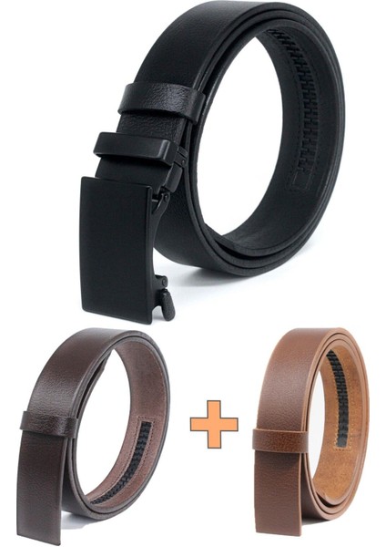 3'lü Manda Derisi Otomatik Tokalı Deliksiz Erkek Kemeri - Otomatik Kemer