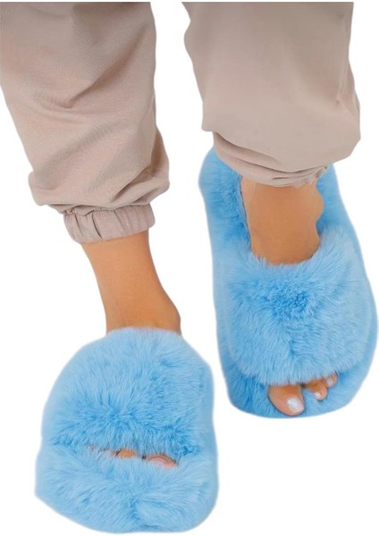 Ekstra Yumuşak Tüylü Kadın Terlik Mavi