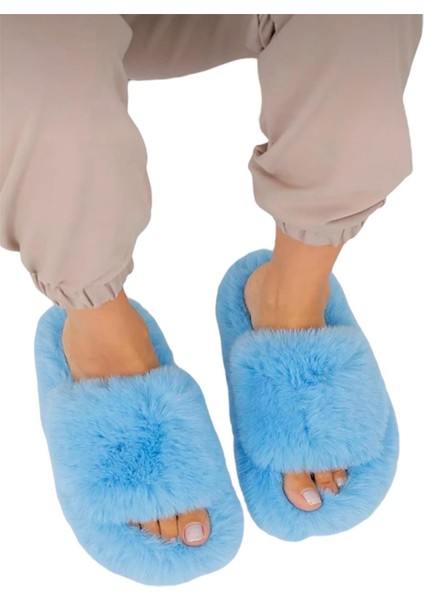 Ekstra Yumuşak Tüylü Kadın Terlik Mavi modelleri