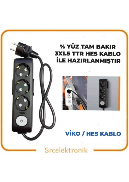 Multi-Let 3'Lü 1.5 Hes Kablo (12 Ile 40 Metre Arası) Anahtarlı Topraklı Çocuk Korumalı Uzatma ( 3X1.5 Hes Kablo Tam Bakır) Ttr Kablo Tseli Ho5Vv-F