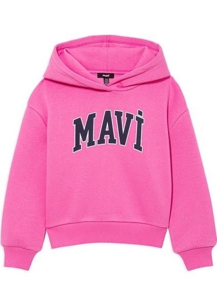 Çocuk Mavi Logo Baskılı Kapüşonlu Pembe Sweatshirt 7610035-70982