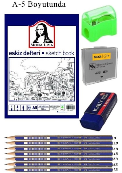 Eskiz Defteri A5 50 Yaprak Karakalem Çizim Seti Hamur Silgi Faber Castell Dereceli Kalem Hobi Tasarım Seti