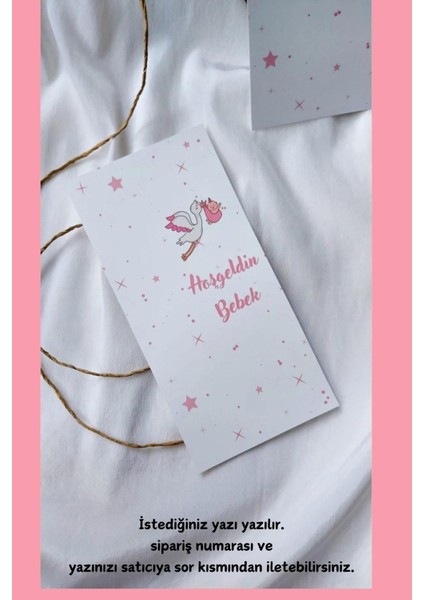 50 Adet Pembe Leylek Makrome Kartı - Istediğiniz Yazı Yazılır - 9X19CM