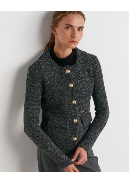 60265 Polo Yaka Düğmeli Cep Detaylı Triko Hırka-Antrasit