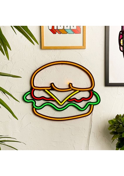 Hamburger Neon Duvar Dekoru - Lezzetli Tasarım, Modern Metal Üzerine Neon LED Tabela | 43 cm x 35 cm