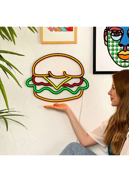 Hamburger Neon Duvar Dekoru - Lezzetli Tasarım, Modern Metal Üzerine Neon LED Tabela | 43 cm x 35 cm