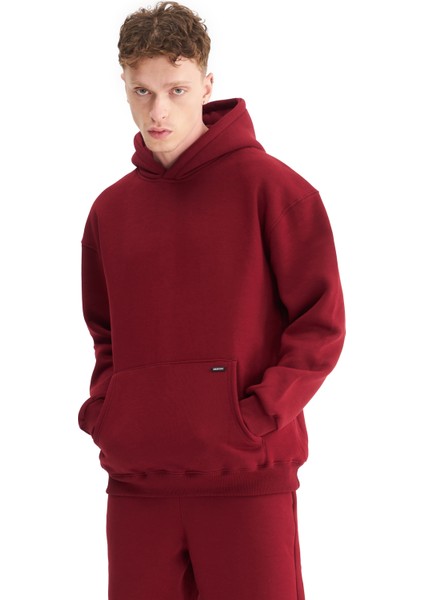 Erkek Oversize Şardonlu 3 İplik Kapüşonlu Sweatshirt, Kanguru Cepli İçi Yumuşak Tüylü