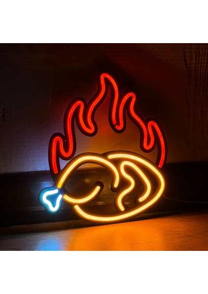 Kızarmış Tavuk (Fried Chicken) Neon Tabela - Metal Üzerine Neon, Kırmızı-Turuncu-Beyaz | 24 cm x 25 cm