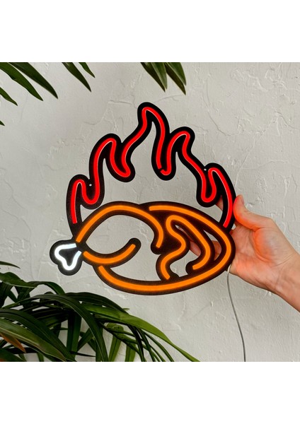 Kızarmış Tavuk (Fried Chicken) Neon Tabela - Metal Üzerine Neon, Kırmızı-Turuncu-Beyaz | 24 cm x 25 cm