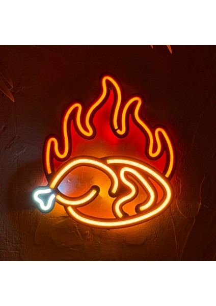 Kızarmış Tavuk (Fried Chicken) Neon Tabela - Metal Üzerine Neon, Kırmızı-Turuncu-Beyaz | 24 cm x 25 cm