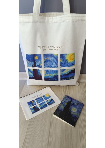 Van Gogh The Starry Night Omuz Çantası, Defter, Kalemlik Üç Lü Set