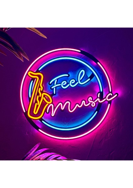 Feel Music Neon Duvar Dekoru | Turuncu, Pembe ve Buz Mavi LED Işık Tabela | 52,6 cm x 49,4 cm