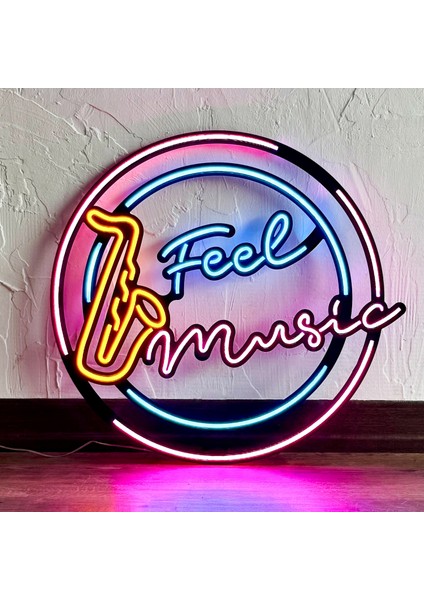 Feel Music Neon Duvar Dekoru | Turuncu, Pembe ve Buz Mavi LED Işık Tabela | 52,6 cm x 49,4 cm