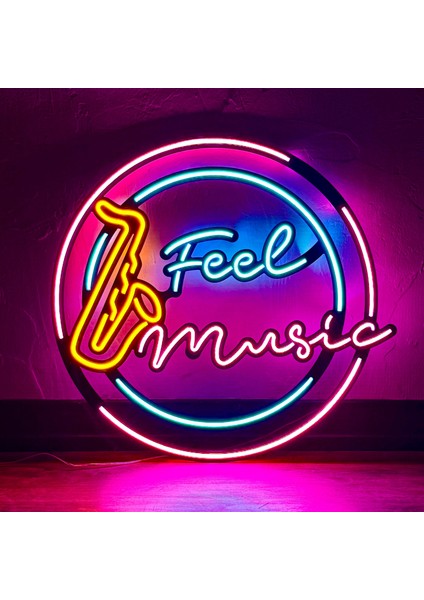 Feel Music Neon Duvar Dekoru | Turuncu, Pembe ve Buz Mavi LED Işık Tabela | 52,6 cm x 49,4 cm