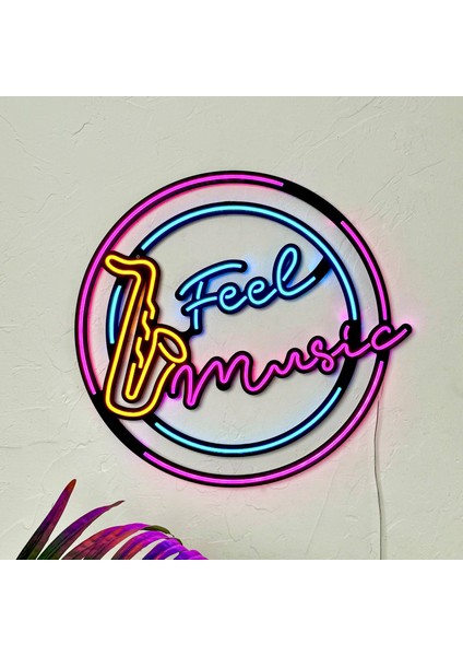 Feel Music Neon Duvar Dekoru | Turuncu, Pembe ve Buz Mavi LED Işık Tabela | 52,6 cm x 49,4 cm