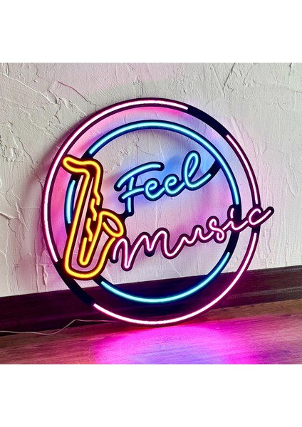 Feel Music Neon Duvar Dekoru | Turuncu, Pembe ve Buz Mavi LED Işık Tabela | 52,6 cm x 49,4 cm