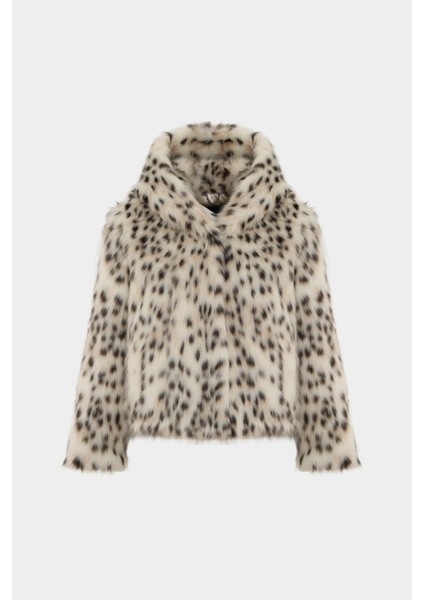 Premium Leopar Desen Kapüşonlu Suni Kürk Kadın Mont