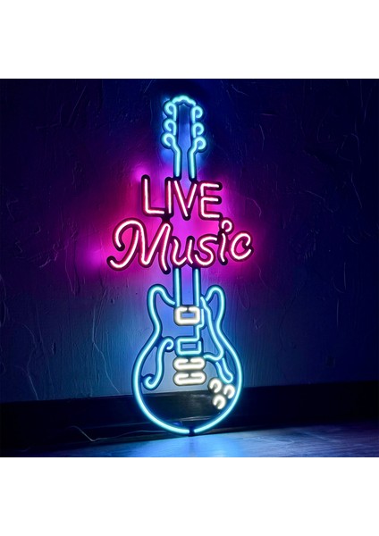 Live Music Gitar Neon Dekor - Metal Üzerine Neon Tabela | Beyaz, Pembe & Buz Mavisi | 33,5 cm x 69,5 cm