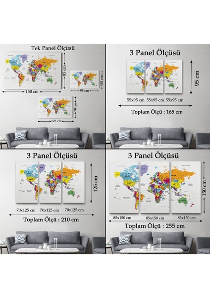 Türkçe Dünya Haritası Dekoratif Kanvas Tablo Son Derece DETAYLI-1611
