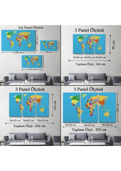 Dünya Haritası Detaylı Dekoratif Kanvas TABLO-1058