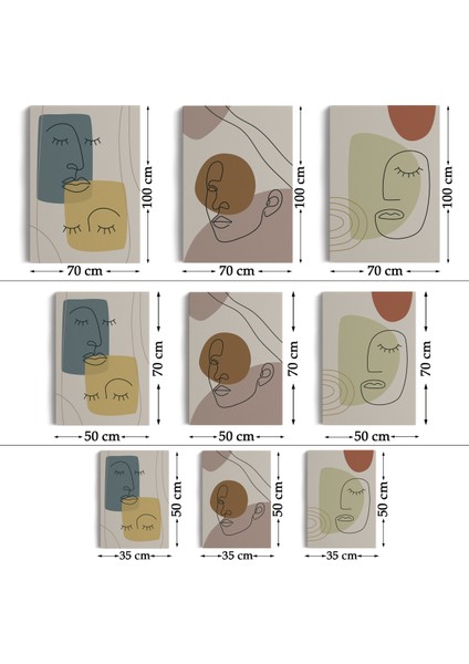 3’lü Tablo Minimal Şekiller ve Çizgi Sanat Yüzleri Soyut Sanat Tablo Seti-16