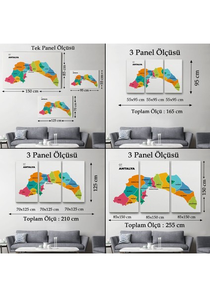 Antalya Ili ve Ilçeler Haritası Dekoratif Kanvas TABLO-1269