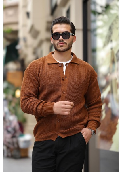 Oversize Selanik Örgü Düğmeli Erkek Hırka- Kahve