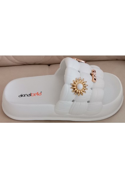 Akınal Bella Büzgülü Model Taşlı Günlük Terlik Kadın Beyaz modelleri