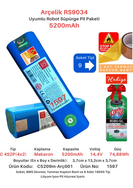 Arçelik RS9034 5200mAh Uyumlu Batarya Robot Süpürge Pili C5209m-Arç001