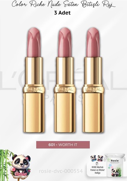 3 Adet Loreal Paris Color Riche Nude Saten Bitişli RUJ-601 ve Rosıe Pamuk