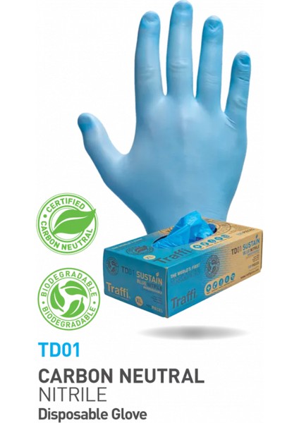 TD01 Karbon Nötr Dokunmatik Ekran Uyumlu/ Gıda Onaylı Biyoçözünür Nitril Eldiven 100'LÜ Kutu-Large